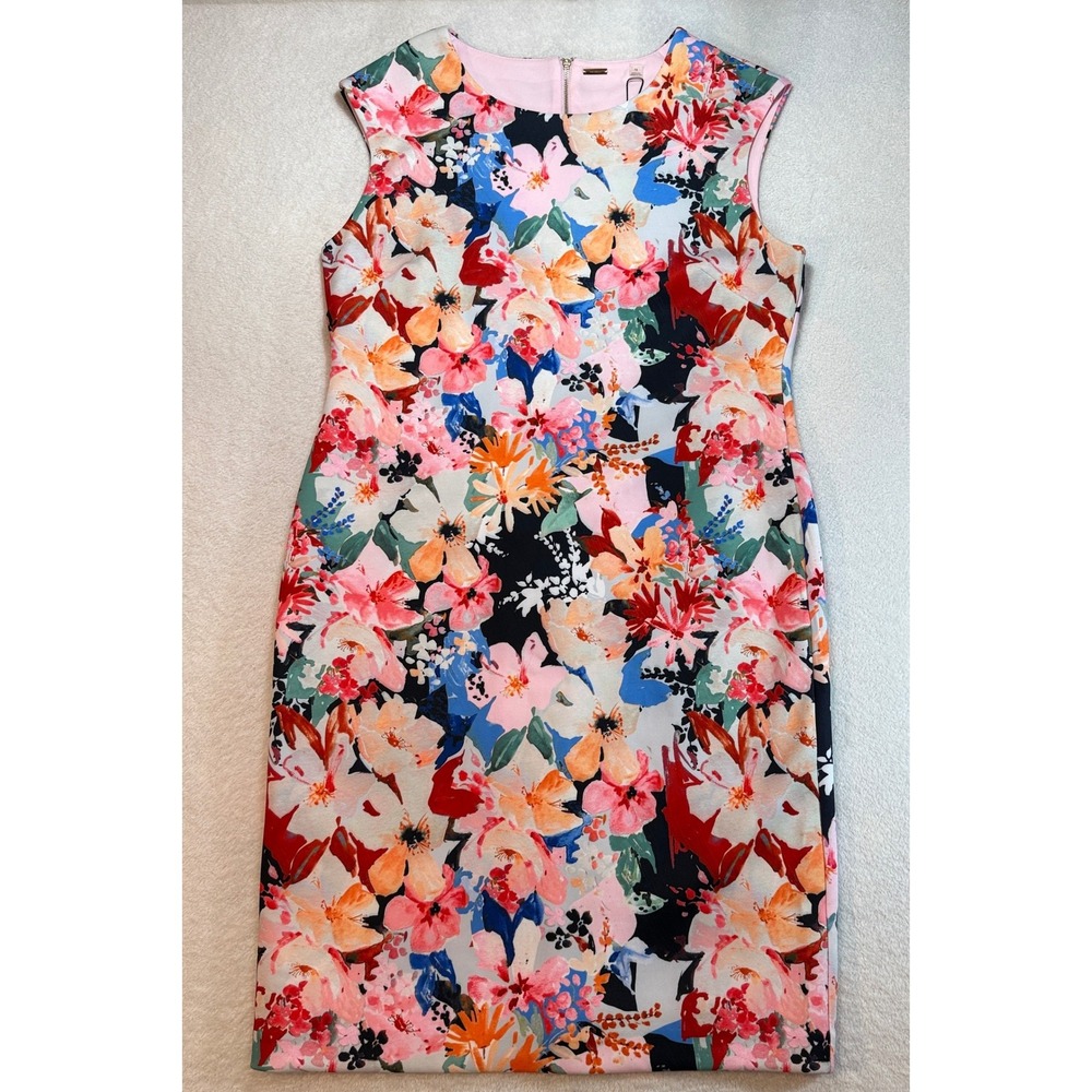 Tahari Watercolor Pink Summer Floral Sheath Dress HD967010 Size 14 NWT